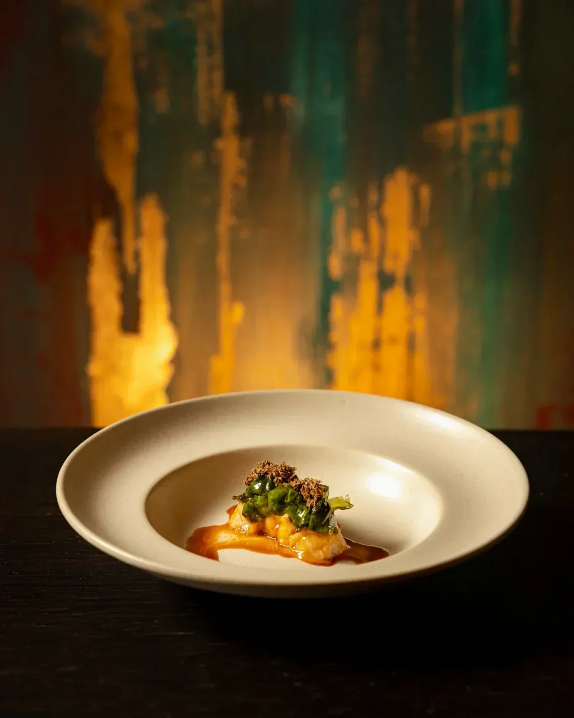 Delectable dish at Materia restaurant in Lake Como, presented on a white plate.